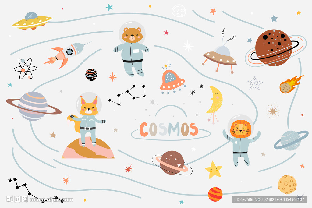 可愛動物宇航員卡通太空星球背景