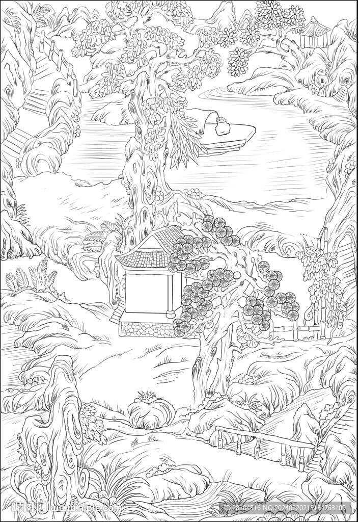 白描山水