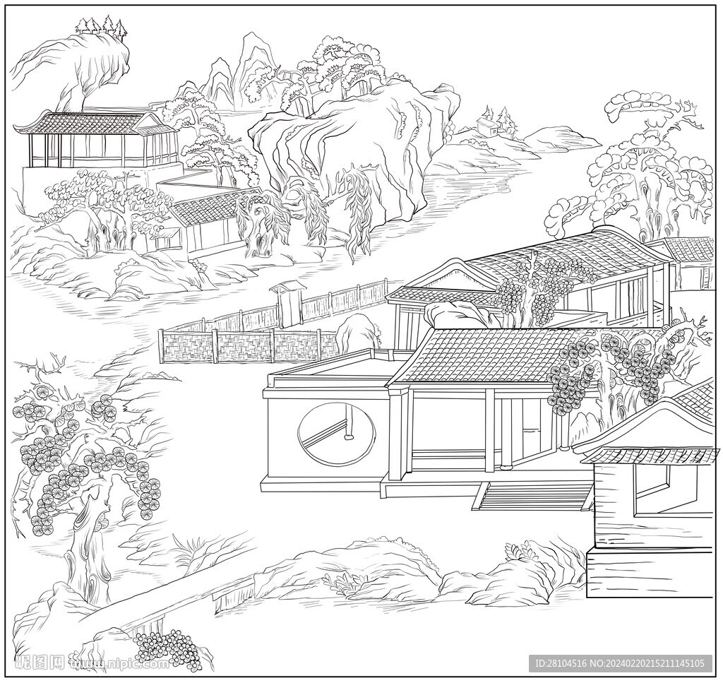 白描民居圖
