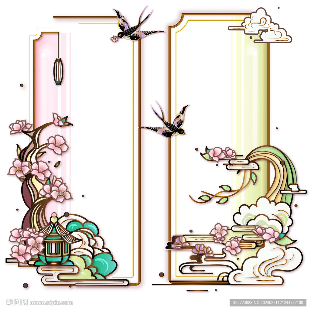 春季國潮金線剪紙疊加矢量長邊框
