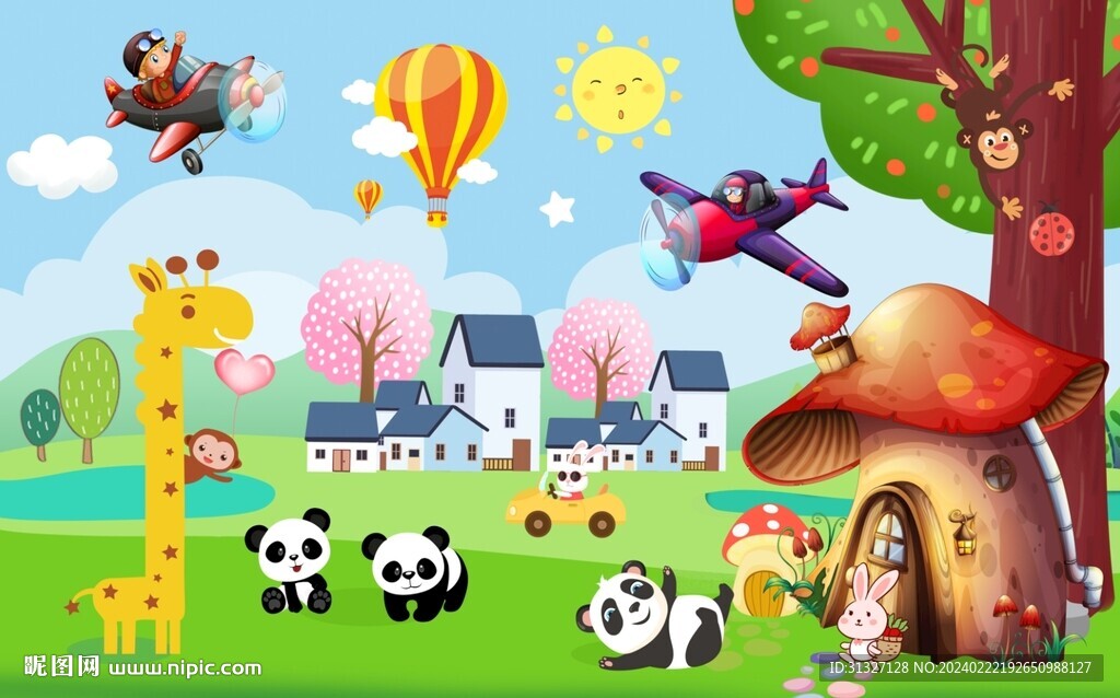 卡通動物春天踏清背景墻