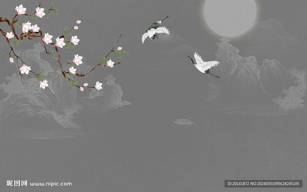 手繪玉蘭花鳥中式線描古建筑