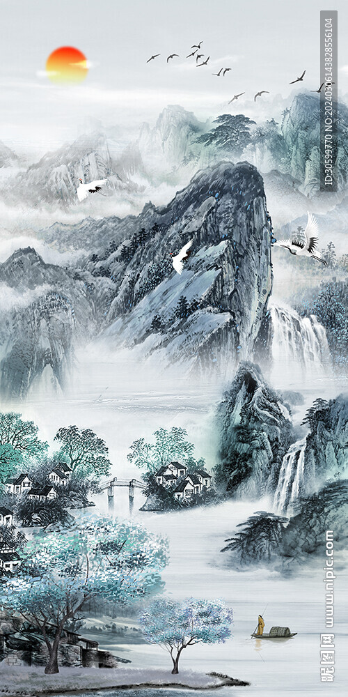 新中式意境山水背景玄关装饰画图