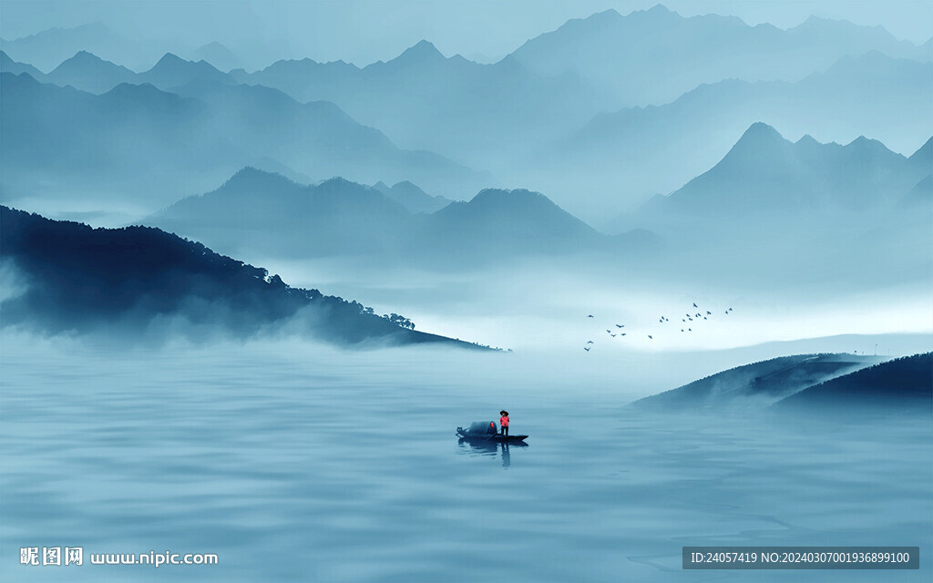 空靈意境山水風(fēng)景藍(lán)色寫意背景墻