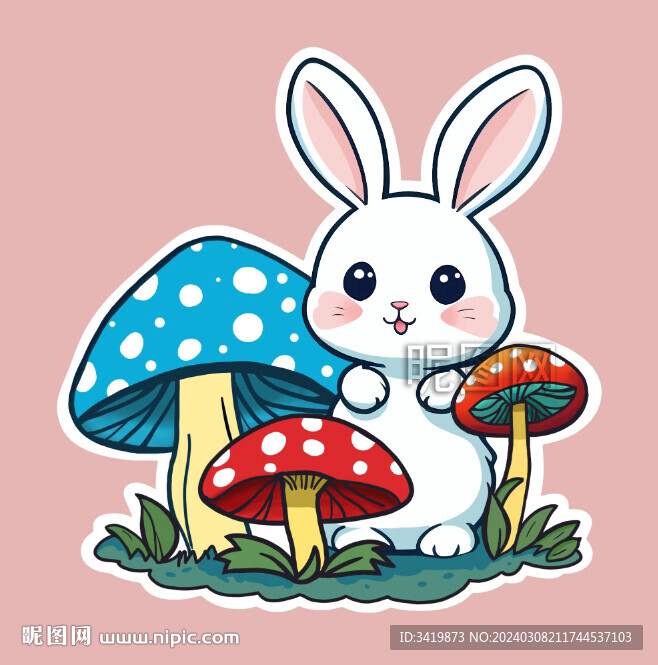 卡通小白兔与蘑菇可爱小兔兔子