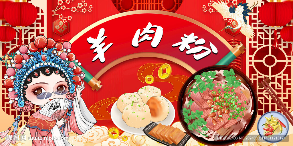 國潮工裝羊肉粉背景墻