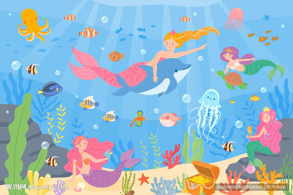 卡通海底世界美人鱼海豚珊瑚背景