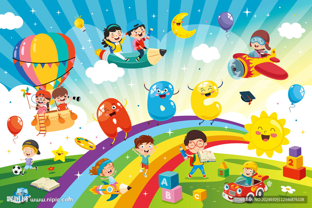卡通天空彩虹热气球儿童乐园背景