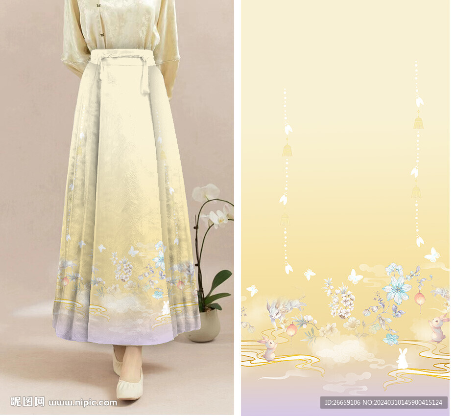 馬面裙?jié)h服數(shù)碼印花定位花圖案