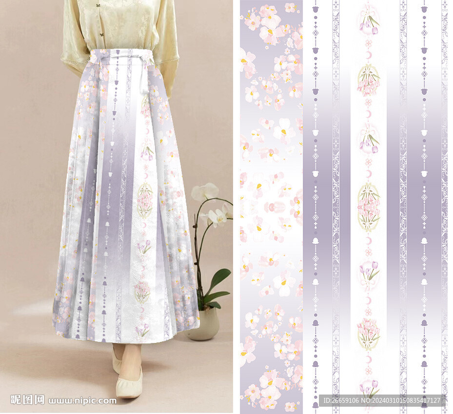 馬面裙?jié)h服數(shù)碼印花定位花圖案