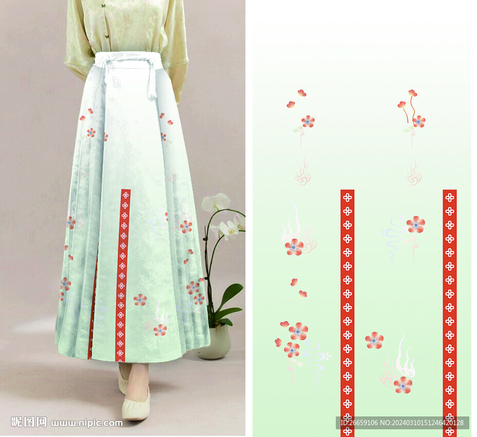 馬面裙?jié)h服數(shù)碼印花定位花圖案