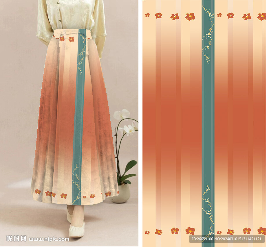 馬面裙?jié)h服數(shù)碼印花定位花圖案