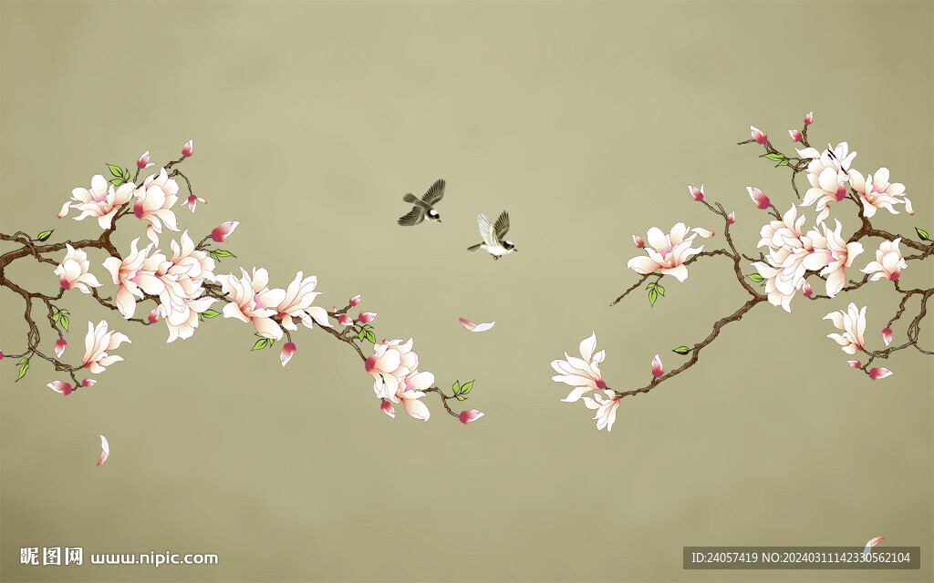 新中式玉兰工笔花鸟背景墙装饰画