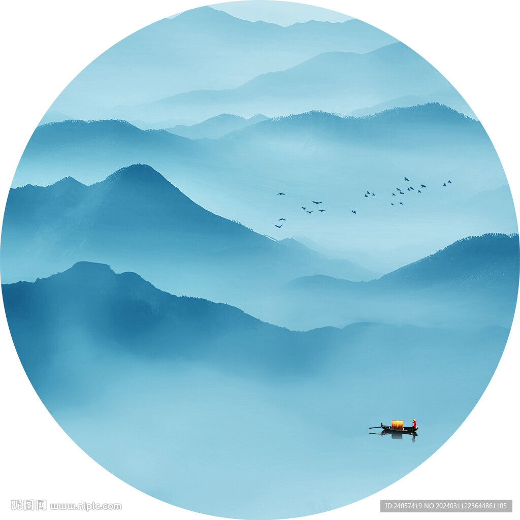 新中式抽象水墨山水圓形裝飾畫