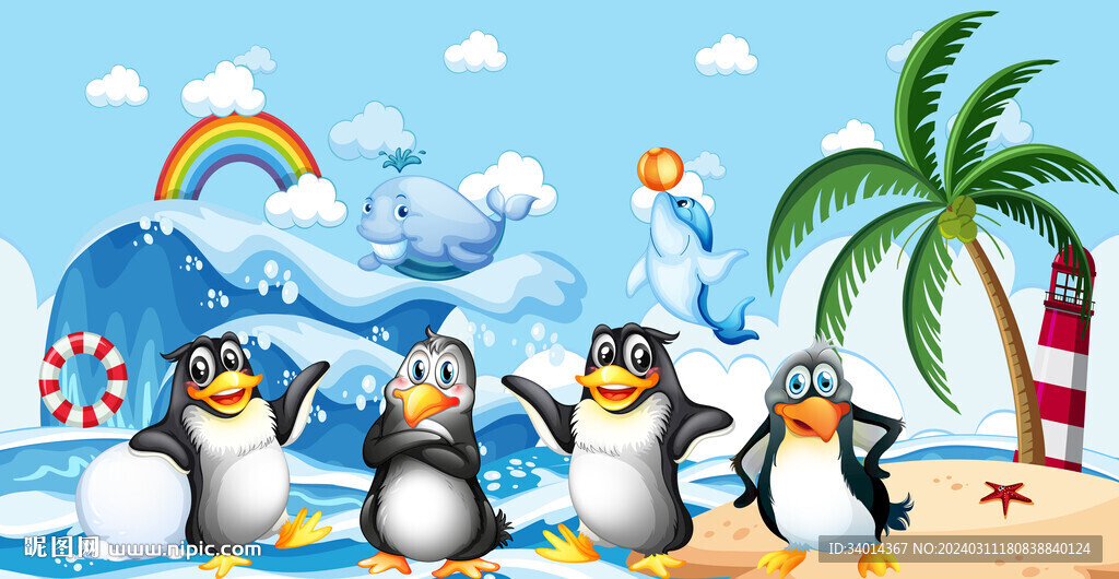 沙滩企鹅海洋卡通背景墙