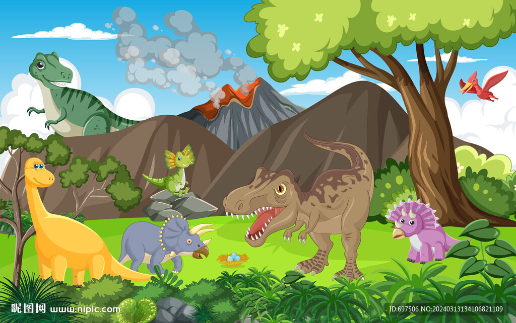 卡通恐龙世界绿色森林火山背景墙