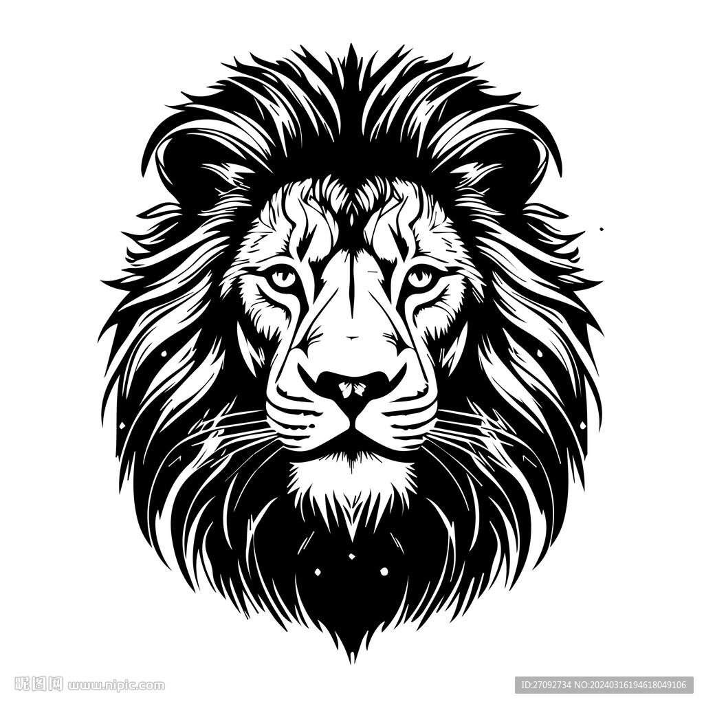 狮子矢量黑白线条剪影雕刻纹样