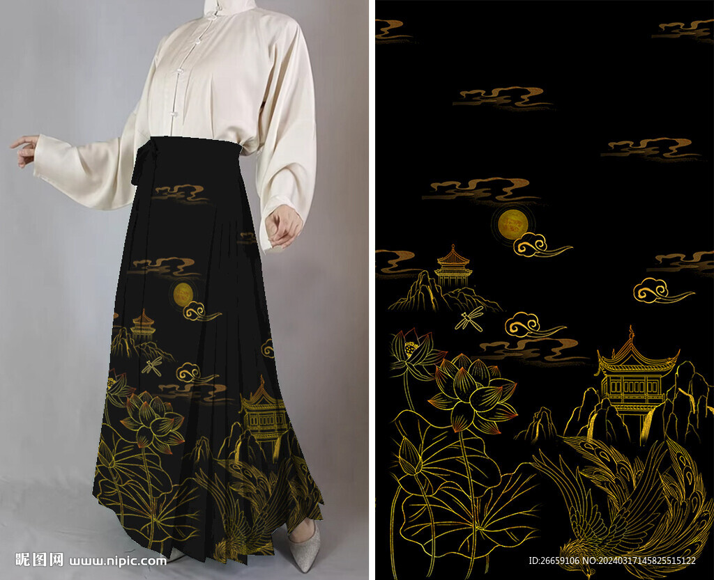 原創(chuàng)中國(guó)風(fēng)漢服馬面裙數(shù)碼定位花