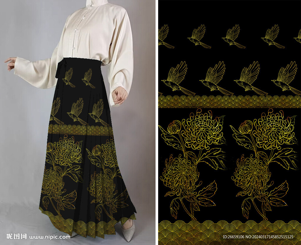 原創(chuàng)中國(guó)風(fēng)漢服馬面裙數(shù)碼定位花