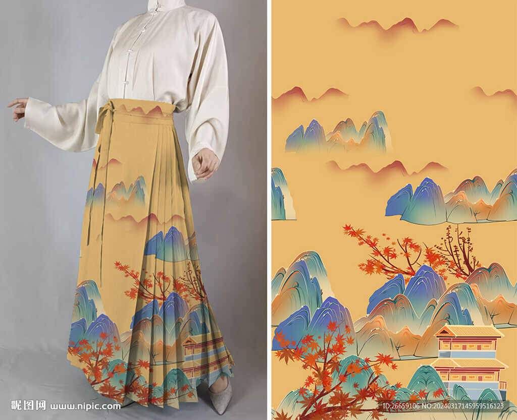 原創(chuàng)中國風(fēng)漢服馬面裙數(shù)碼定位花