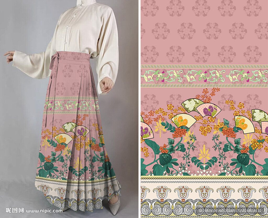 原創(chuàng)中國(guó)風(fēng)漢服馬面裙數(shù)碼定位花