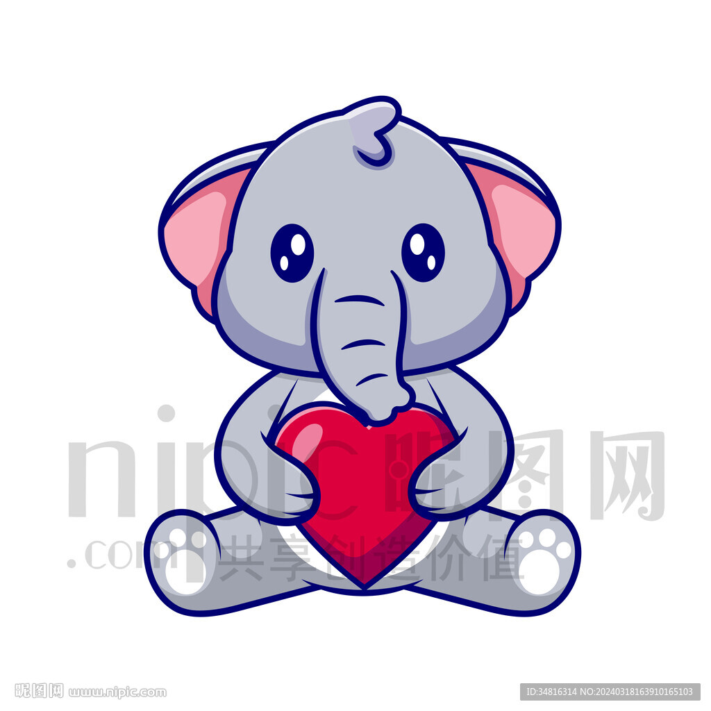 可爱卡通抱着爱心的大象