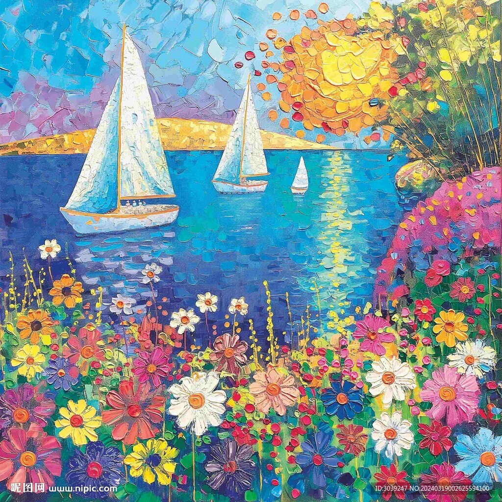 油画帆船和五颜六色的花