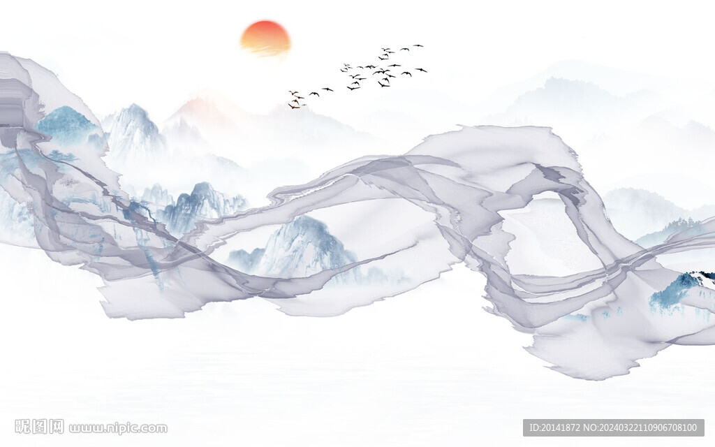 新中式煙霧飄帶水墨山水背景
