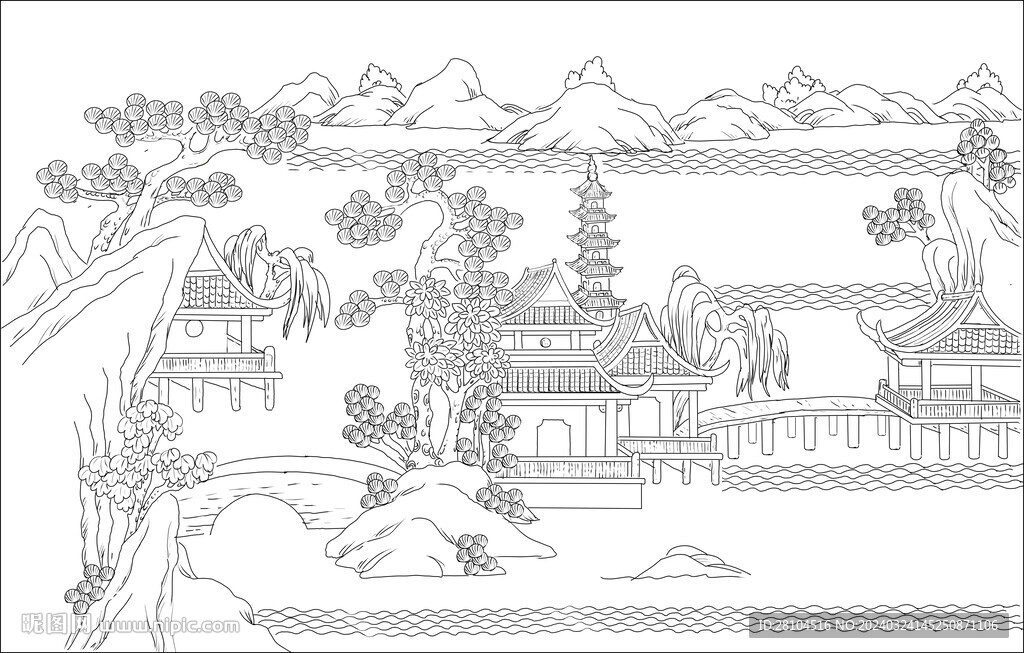 白描古建图 