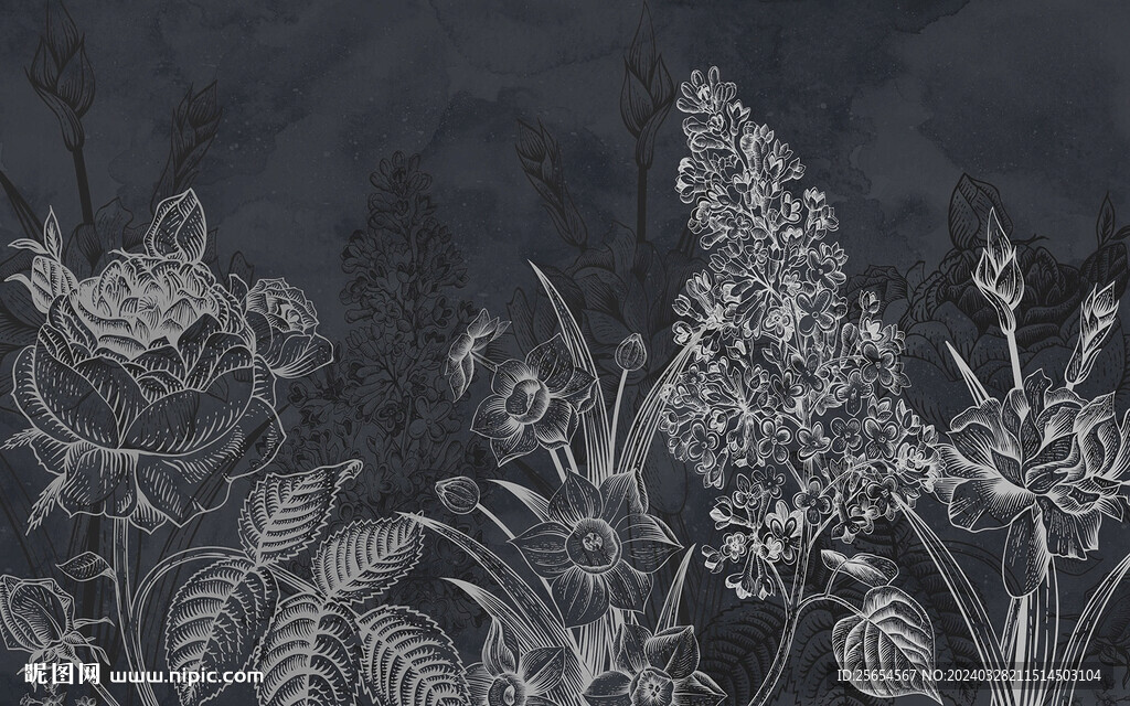 復古線描植物花卉灰色背景墻