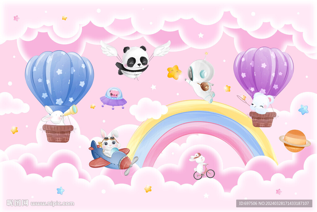 卡通彩虹可爱动物热气球云朵背景
