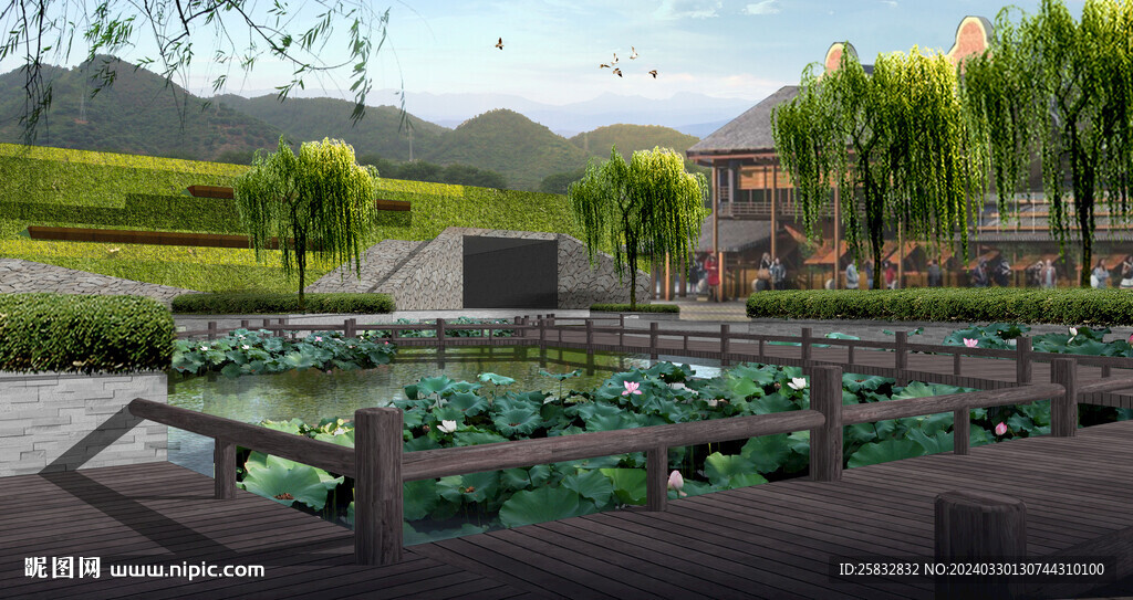公園湖邊景觀效果圖PSD