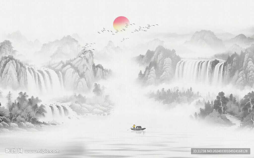 新中式山水瀑布國畫背景墻