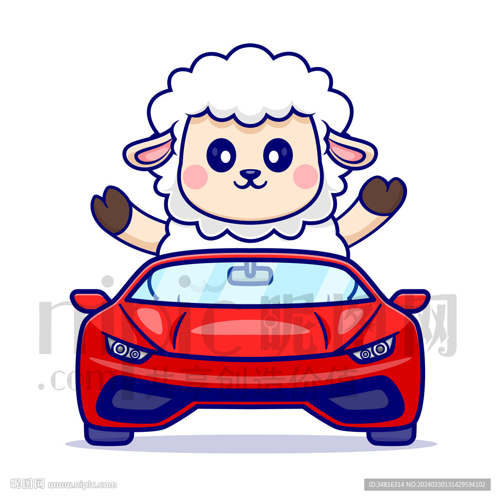 可爱卡通坐汽车的绵羊