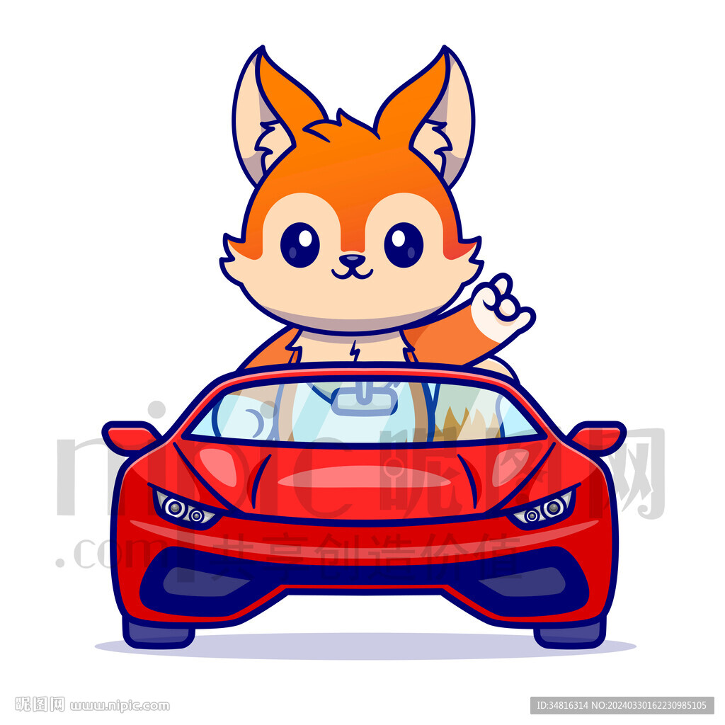 可愛卡通坐汽車的狐貍