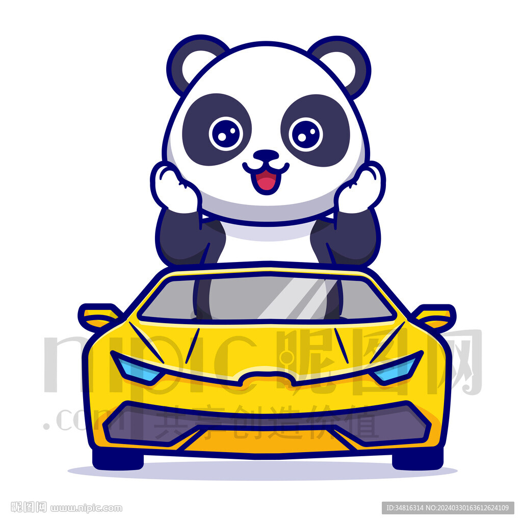 可愛卡通坐汽車的大熊貓