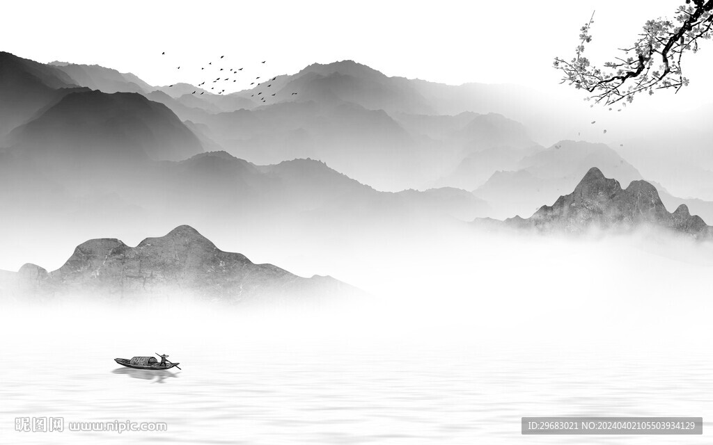 高清 灰色山水墻畫 TIf分層