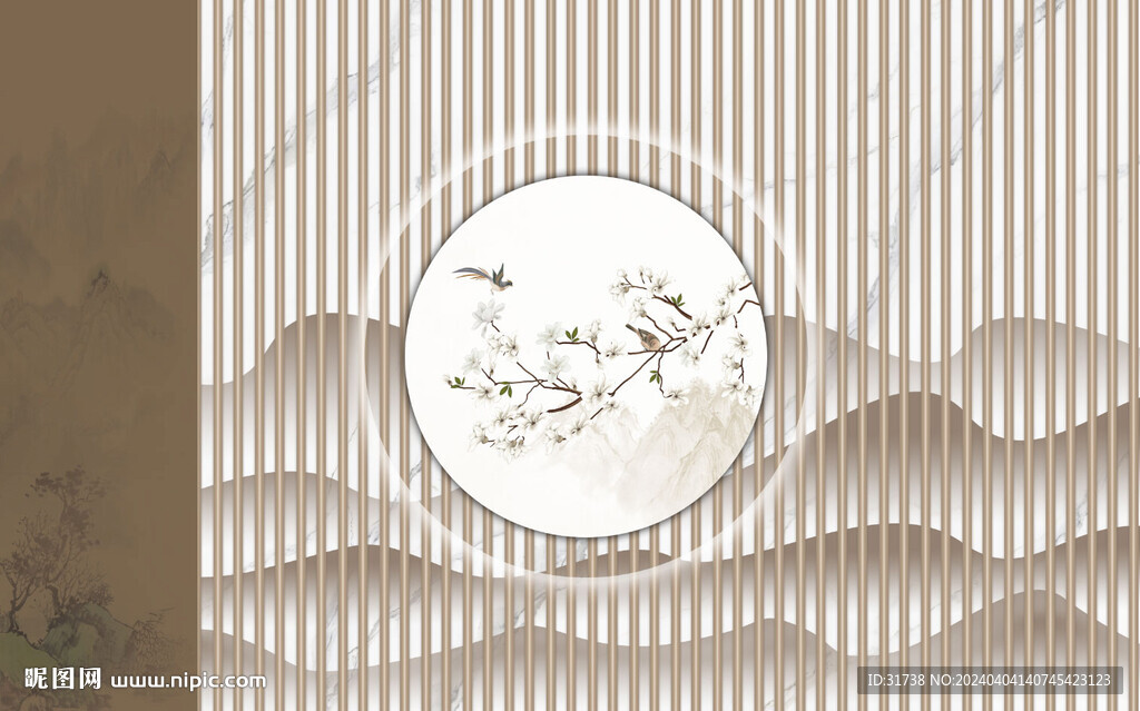 新中式格柵花鳥畫背景墻
