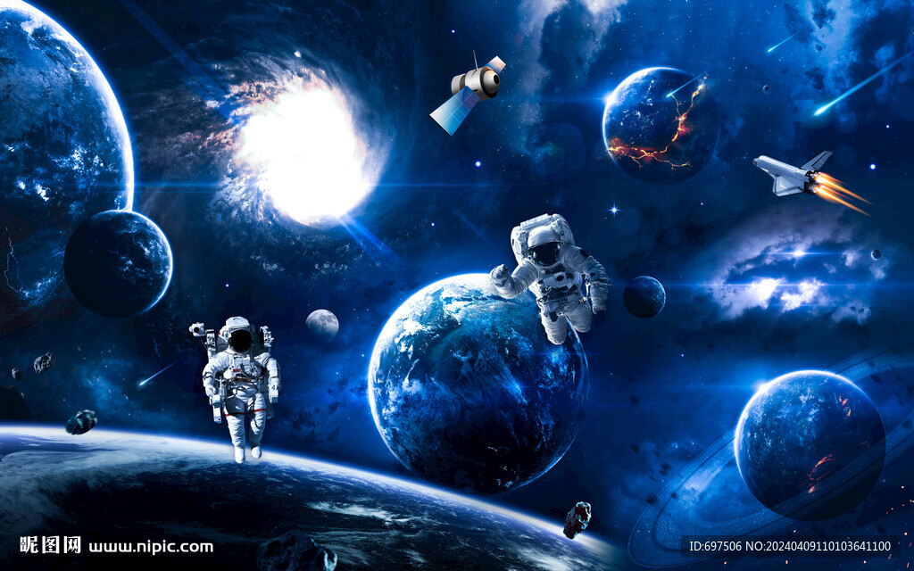 藍色宇宙星球太空宇航員銀河背景