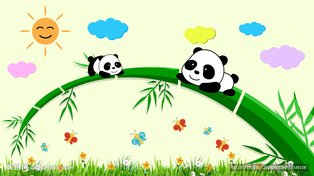 卡通熊猫儿童房幼儿园背景墙