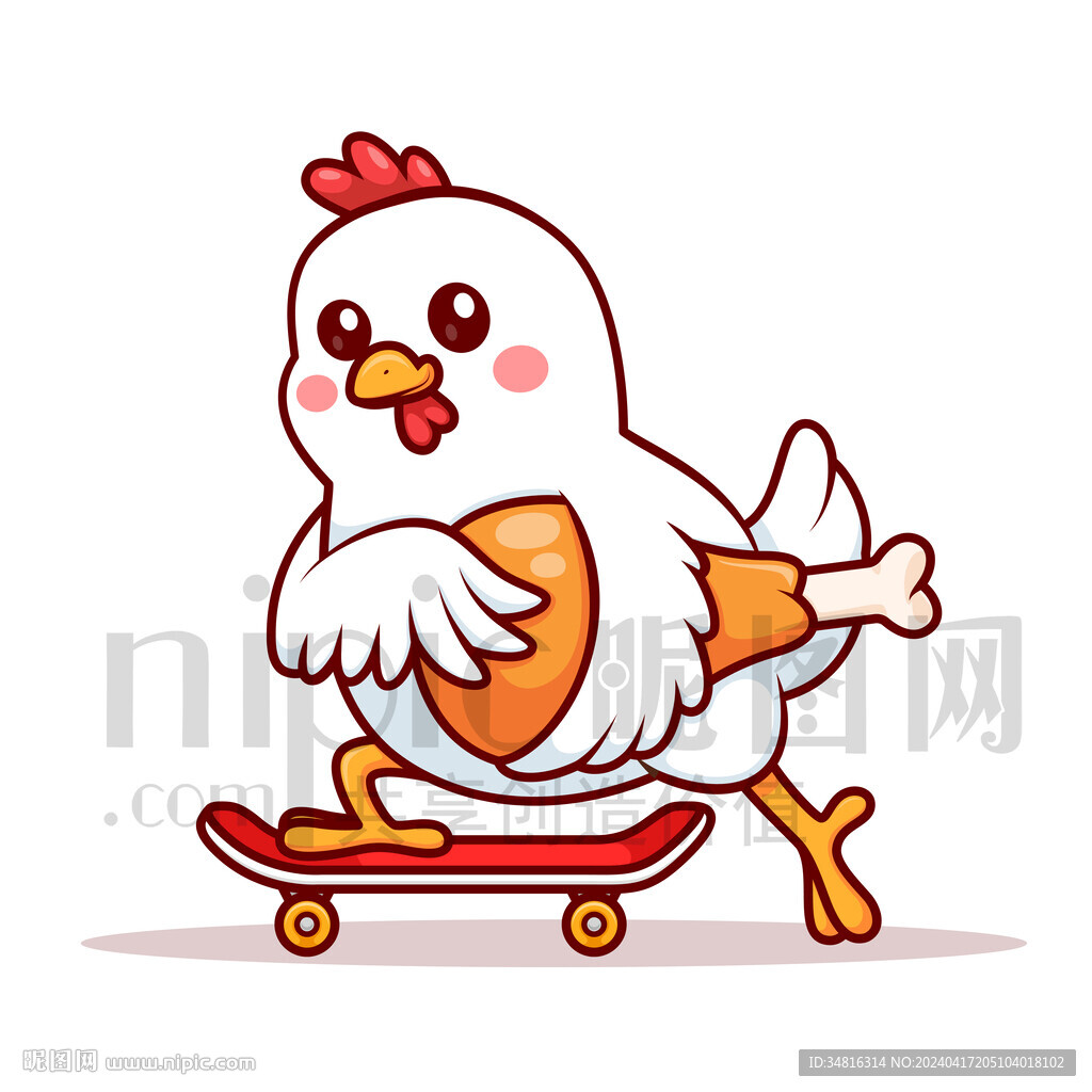 可愛卡通抱著雞腿玩滑板的雞