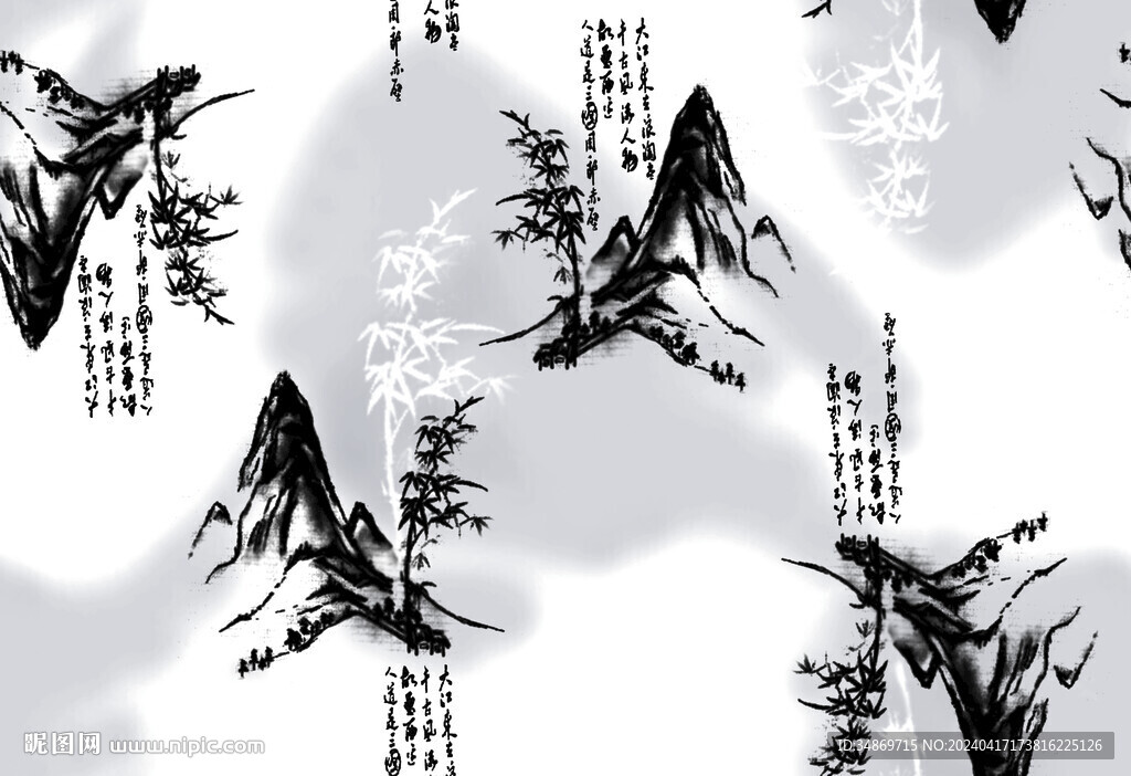 數(shù)碼印花山峰竹林黑灰