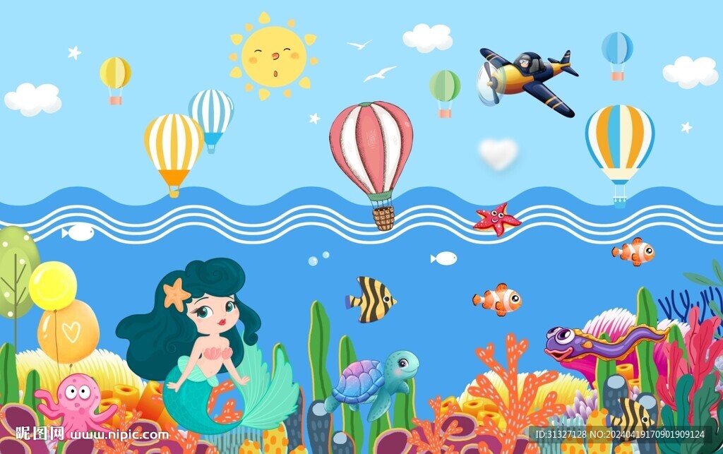 卡通美人魚壁畫圖片