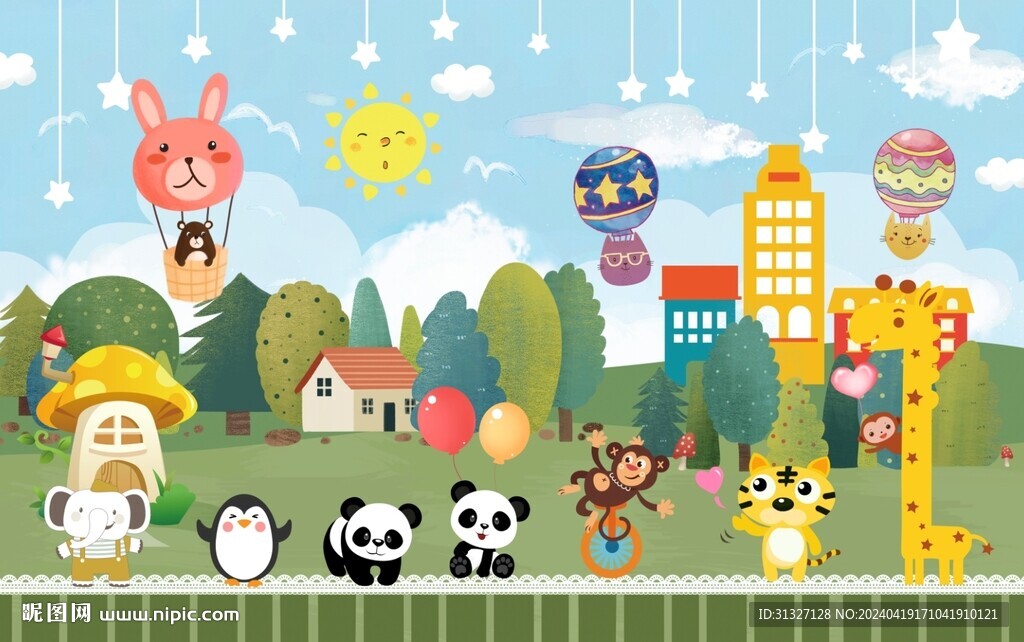 卡通動物兒童房背景墻圖片