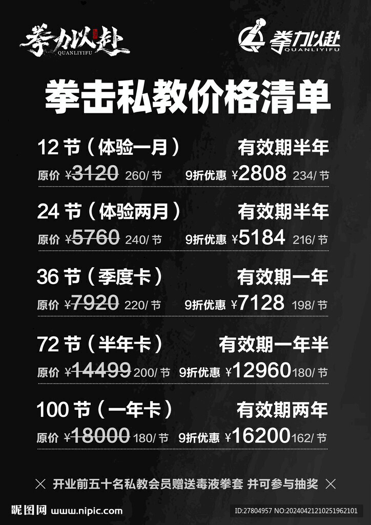 拳擊價格清單