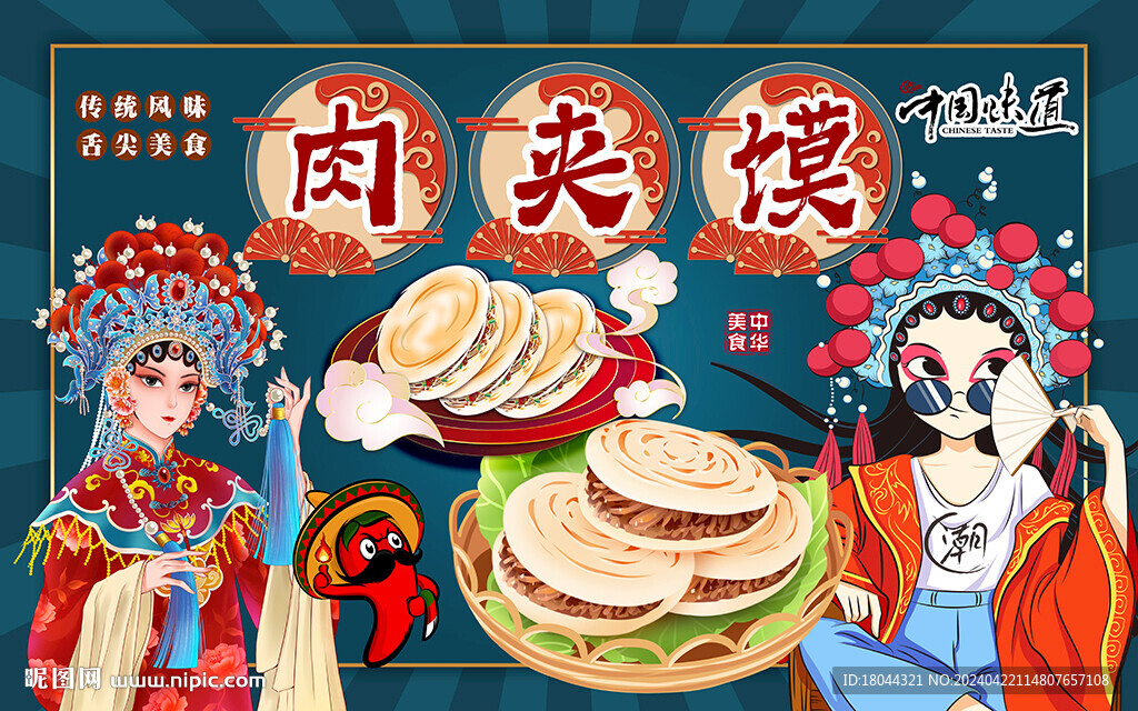 國潮肉夾饃美女工裝背景墻