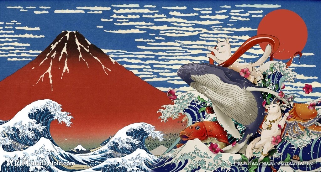 浮世繪富士山鯨魚背景墻