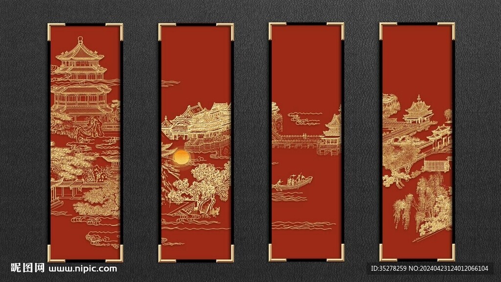 新中式手繪建筑背景裝飾畫