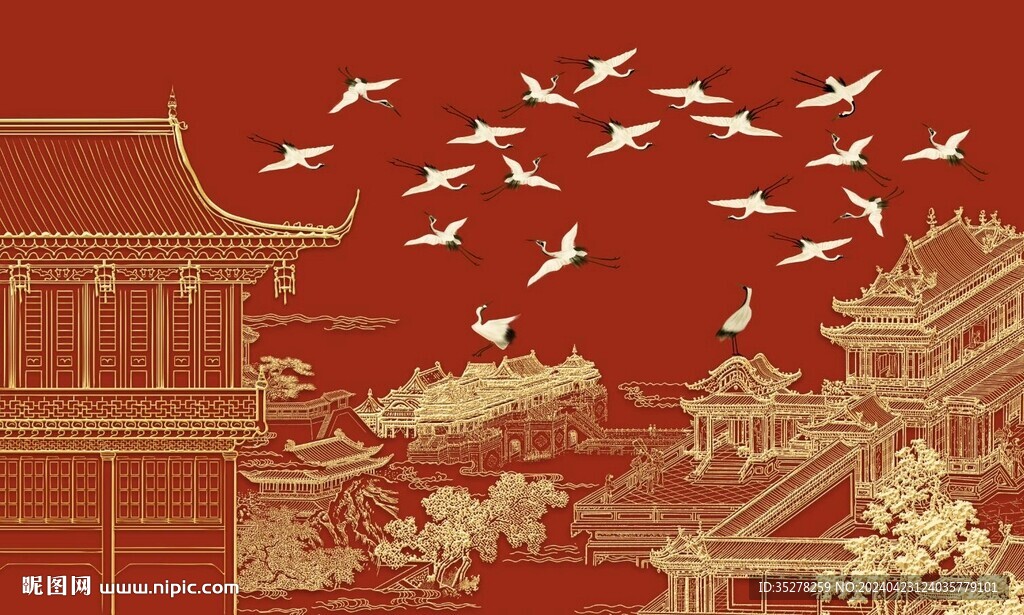 新中式手绘建筑仙鹤背景