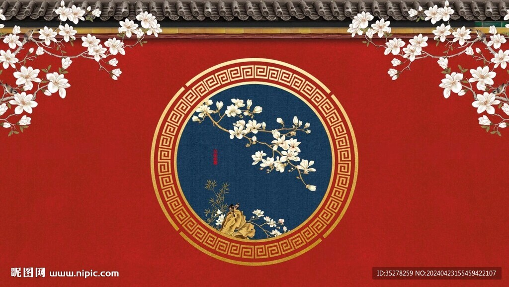 中式花鳥故宮紅墻背景墻
